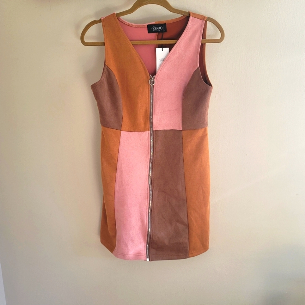 Cider Pink And Brown Zip Up Color Block Mini Dress Size Large NWT
